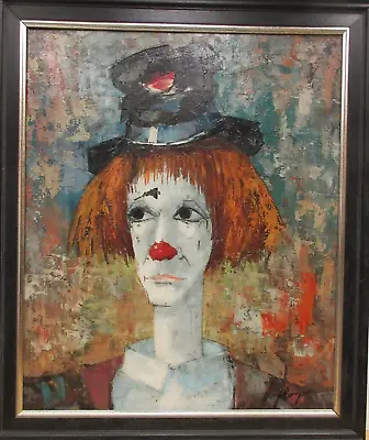 Signed Vintage 1973 MCM MODERNIST ABSTRACT SAD THOUGHTFUL CLOWN PAINTING FRAMED • $195