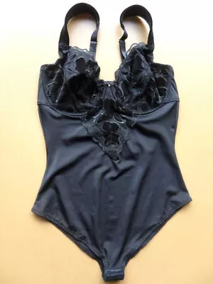 BON PRIX Body Suit Briefer_36D Black_Underwired Velvet & Lace Bra Fastener_NWoT • $24.99