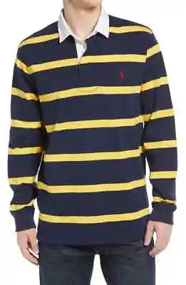 POLO RALPH LAUREN Stripe Long Sleeve Cotton Polo In French Navy/arctic Yellow • $89.99