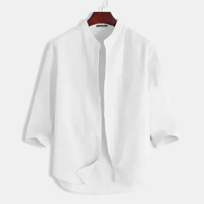 Mens 3/4 Sleeve Cotton Linen Casual Henley Tops Office Formal Button Up Tee Tops • $16.76