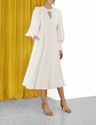 $329 • Buy ZIMMERMANN Women's Keyhole Midi Dress Flared Long Sleeve White Elegant Size 1-S