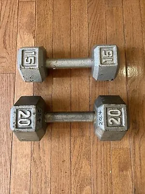 Dumbbell 15 Lb 20 Lb Hex Cast Iron Dumbbells Free Weights Silver • $24