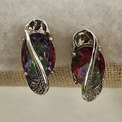 Vintage '90s Oval Mystic Fire Purple Green Topaz W CZs 925 Post Silver Earrings • $27.35