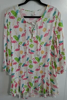 Mud Pie Flamingo Print Tunic Top Ruffle Blouse Dress Small White Pink 3/4 Sleeve • $21.90