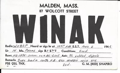 QSL 1946  Malden   MA    Radio Card • $5.52