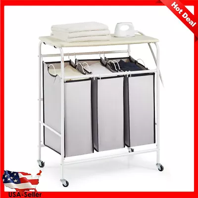 Laundry Sorter Cart 3-Section Rolling Laundry Basket Organizer W/ Ironing Board • $67.97