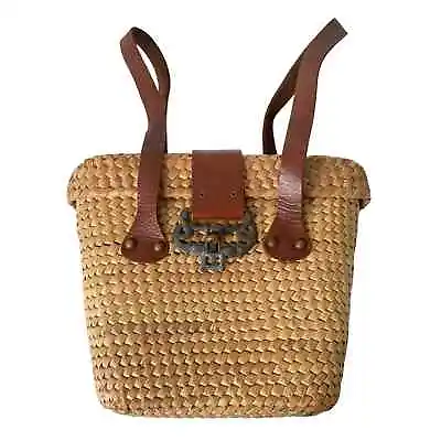 Vintage Woven Basket Purse Turn Clasp Closure Leather Straps • $20