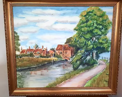 Vintage Original Oil Painting Of A Watermill And Cottages In A Gilt Frame • £39