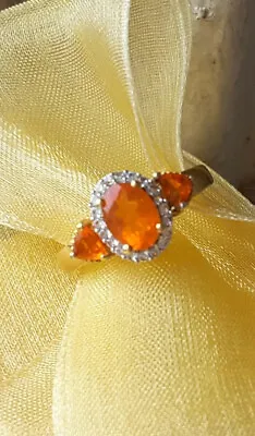 NEW Natural Mexican Fire Opal & White Zircon Halo Ring Yellow Gold Vermeil Sz 5 • £144.99