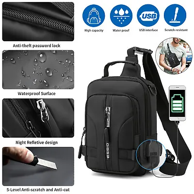 Men's Sling Backpack Waterproof Shoulder Cross Body Chest Bag USB Port Portable • $12.48