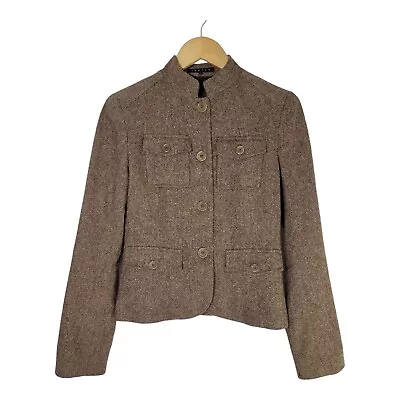 THEORY Brown Nehru Style Tweed Jacket W/ Stretch Size 6 Excellent Condition • £43.43