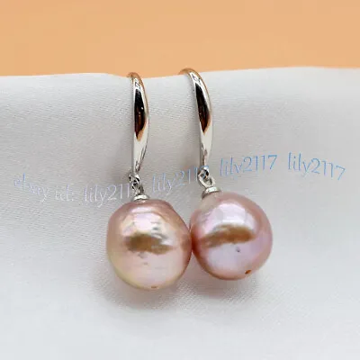 11-12mm Natural Lavender Purple South Sea Baroque Edison Pearl Dangle Earrings • $7.09