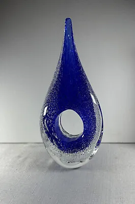 Hand Blown Glass Tear Drop Art Decor Sculpture Blue To Clear W/ Lots Of Bubbles • $39.50