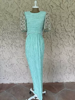 Mary Mcfadden Couture Mint Green Pleated Embellished Pearl Shoulder Gown • $475