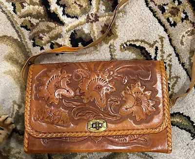 VtG Mexican Hand Tooled Leather Brown Flower Twist Lock Handbag Shoulder Bag  • $17.99