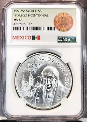 1953 Mexico Silver 5 Pesos S5p Hidalgo Bicentennial Ngc Ms 63 Nice Coin • $59.95