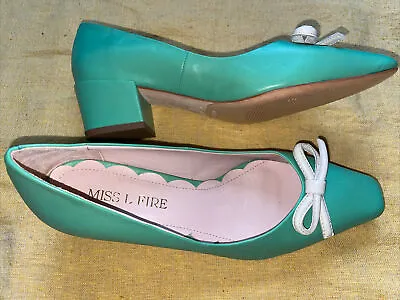 Miss L Fire Court Shoes  37 Green Leather 4.5 Cm Heal Front Bow 60’s Style • £30