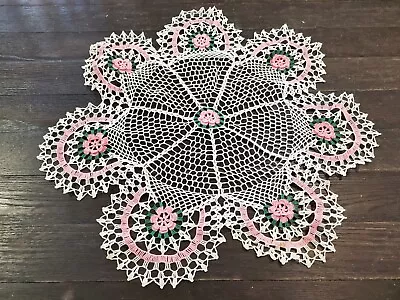 Vtg 3d Pink Cream And Green Floral Crocheted 30  Round Doily Centerpiece Starch • $10