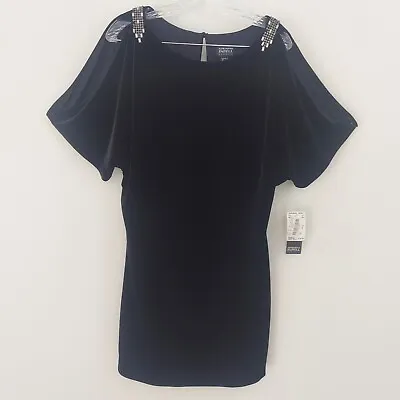 Adrianna Papell Dress Size 8 Evening Velvet Black Mini Slit Sleeve Rhinestones  • $55
