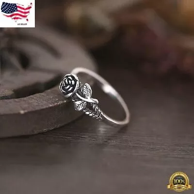 Trendy Rose Flower 925 Silver Plated Vintage Retro Ring Jewelry For Girls 5-10 • $3.24