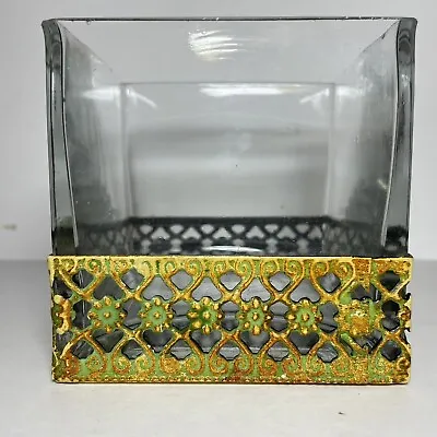 £17.52 • Buy Glass Cube Heavy Clear Vase Square Wedding Flower Vase Metal Trim Centerpiece 4”