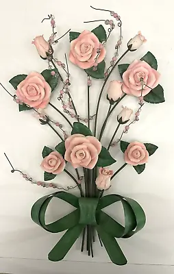 Roses Pink With Bow Wall Hanging Porcelain Like Resin & Metal WMG 2005 • $18