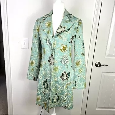 Cabi Jacket Womens Size 4 Blue Embroidered Floral Jacobean Tapestry Coat Jacket • $38