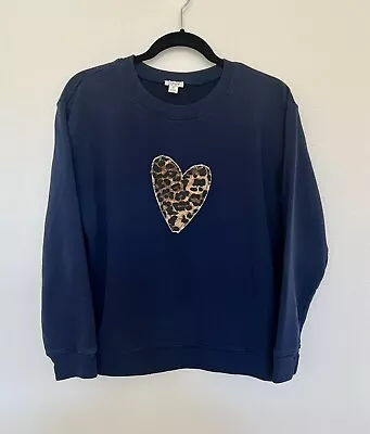 J Crew Black Crewneck Navy Sweatshirt Women’s Size Medium Leopard Printed Heart • $15.99