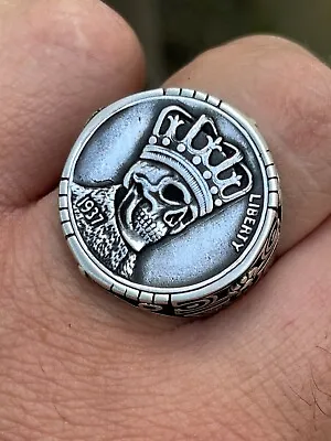 Real 925 Sterling Silver Mens Coin Ring Skull W. Crown Death King Skeleton 7-13 • $52.18