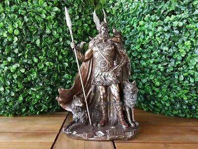 Norse God Odin Statue Bronze Viking Decor Figurine Mythology Sculpture Wolves • £158.63