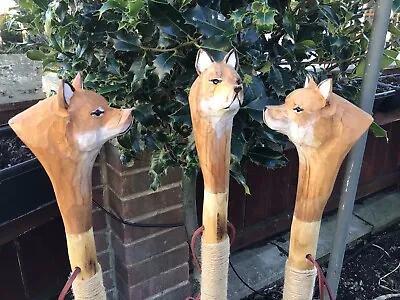 Wooden Carved Hiking/Walking Stick Carved Fox Head Handle With A Leather Strap • £24.99