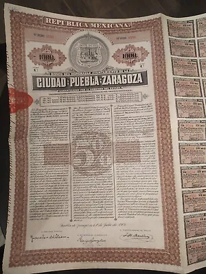 Mexico 1907 Ciudad Puebla Zaragoza 1000 Pesos State Bond Loan Stock Certificate • $70