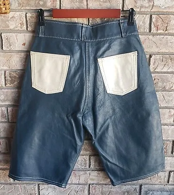 Vintage Leather Shorts Patch Pockets Blue Off White Waist 28 • $35