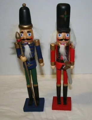 2 Soldier Wooden Nutcrackers 9  Red And Blue Christmas Decoration • $25.60