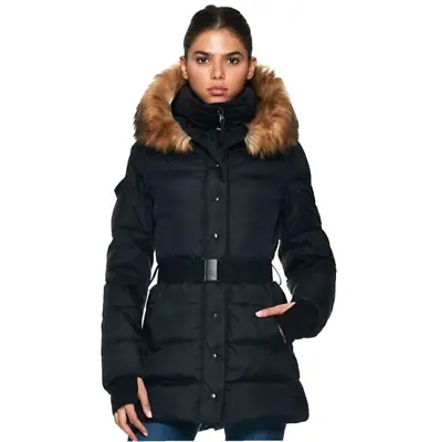 S13 Karlie Belted Down Puffer Coat $340 Sz S Matte Black Faux Fur Hood • $100.32