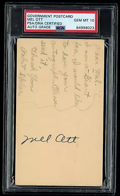 Mel Ott Autographed - Signed Postcard Cut - PSA/DNA Certified GEM MINT 10 TOUGH • $1599.95