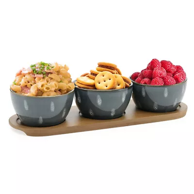 American Atelier 3 Stoneware Snack Bowls With Bamboo Serving Tray • $29.99