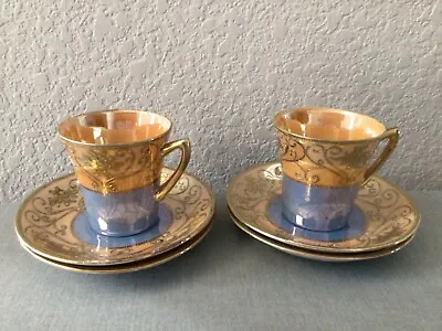 Vintage SHOFU China Demitasse Set Of 2 Tea Cups & 4 Saucers Blue & Gold Japan • $23.99