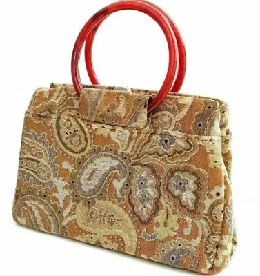 Vintage Carpet Bag Tapestry Beige Brown Hoop Ring Accessory Unique  Handbag • £36.98