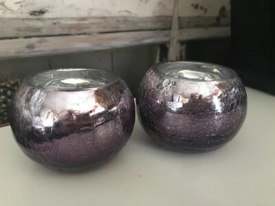 £4 • Buy NEVER USED - GLASS CANDLE HOLDERS - CRACKLED PURPLE HOLDER -  Box Bob