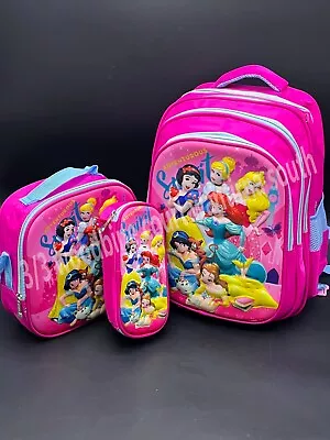  AU 3pcs Large 3D Kids School Bag Lunch Box Bag Pencil Case Princess 45x35x25cm • $59.95