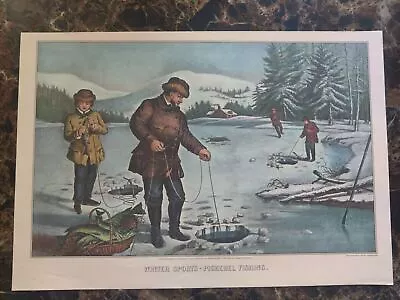 Winter Sports Pickerel Fishing Print Currier Ives 1965 Vintage Calendar Topper • $15.99