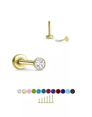 Threadless Labret Nose Ring Monroe Push Pin Stud Yellow Gold Steel 1mm Tiny CZ • $14.99