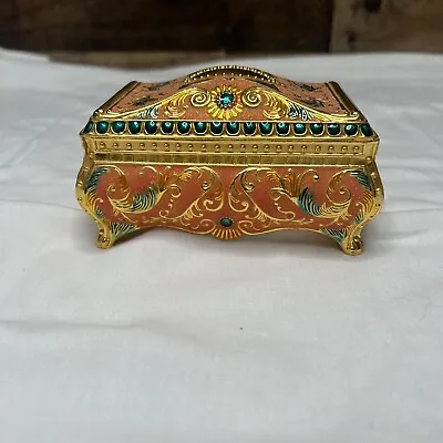 Jeweled Middle Eastern Metal Inlaid Marquetry Lined Jewelry Box W/ Lid • $24.99