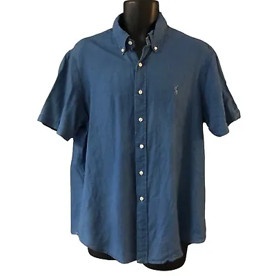 $32.97 • Buy Ralph Lauren Mens Casual Shirt Large Blue Short Sleeve Indigo Oxford Grey Logo