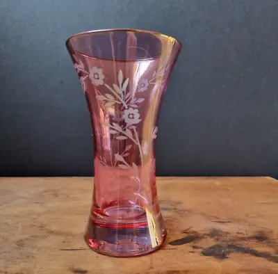 Vintage Cranberry Glass Vase - Floral Etched - Iridescent Lustre / Luster Wear • £8