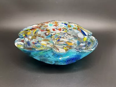 Beautiful Murano Blue Base Tutti Frutti Silver Fleck Centerpiece Bowl Vintage • $49.99