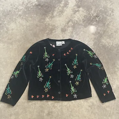 Michael Simon Lite Sweater Small Velvet Embroidered Christmas Trees Cardigan • $40