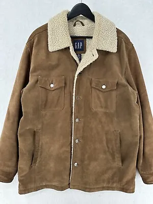 Vintage Gap Jacket Men Large Brown Suede Leather Sherpa Lined Heavyweight Button • $53.99