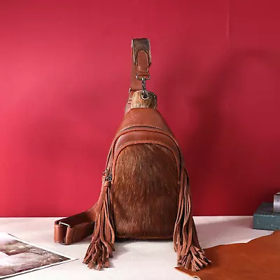 MONTANA WEST Genuine Hair-On Cowhide Fringe Sling Bag Brown • $59.99